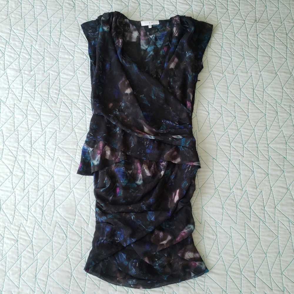 IRO Marty Black Watercolor Chiffon Draped Peplum Sheath Dress